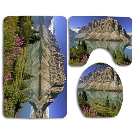 CHAPLLE Bow Lake Flowers 3 Piece Bathroom Rugs Set Bath Rug Contour Mat and Toilet Lid Cover