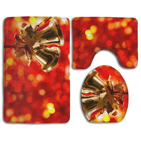 CHAPLLE Bowknot Golden Jingle Bell 3 Piece Bathroom Rugs Set Bath Rug Contour Mat and Toilet Lid Cover