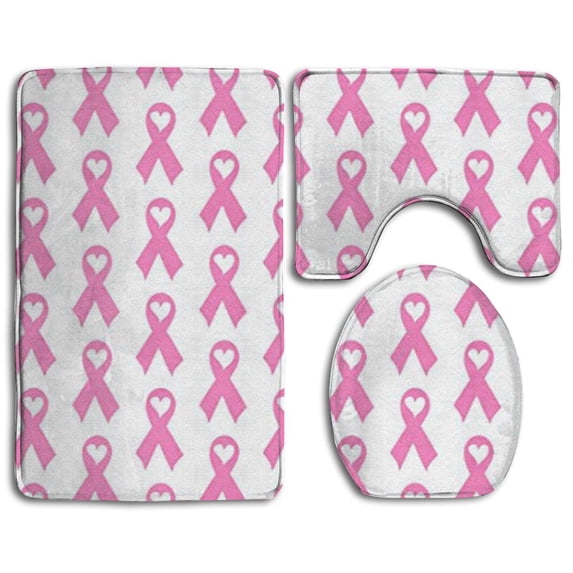 CHAPLLE Breast Cancer Awareness Ribbon Heart 3 Piece Bathroom Rugs Set Bath Rug Contour Mat and Toilet Lid Cover