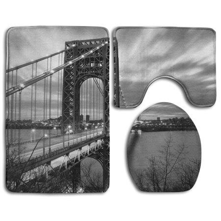 CHAPLLE Bridge Black and White 3 Piece Bathroom Rugs Set Bath Rug Contour Mat and Toilet Lid Cover