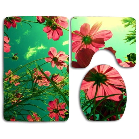 CHAPLLE Bunga Gambar Flowers 3 Piece Bathroom Rugs Set Bath Rug Contour Mat and Toilet Lid Cover