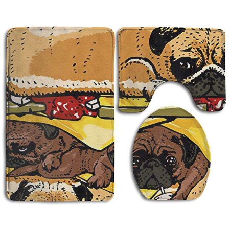 CHAPLLE Burger and Dog 3 Piece Bathroom Rugs Set Bath Rug Contour Mat and Toilet Lid Cover