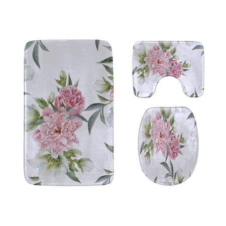 CHAPLLE Butiful Blossom Flowers Leaves and Buds 3 Piece Bathroom Rugs Set Bath Rug Contour Mat and Toilet Lid Cover