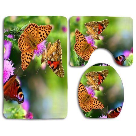 CHAPLLE Butterflies Flowers 3 Piece Bathroom Rugs Set Bath Rug Contour Mat and Toilet Lid Cover