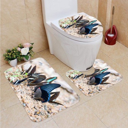 CHAPLLE Butterflies Ground 3 Piece Bathroom Rugs Set Bath Rug Contour Mat and Toilet Lid Cover