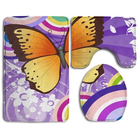 CHAPLLE Butterfly-Colourful-flower 3 Piece Bathroom Rugs Set Bath Rug Contour Mat and Toilet Lid Cover