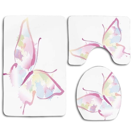 CHAPLLE Butterfly Spring Nature Inspired Watercolor Figure Abstract Wings Color Splashes 3 Piece Bathroom Rugs Set Bath Rug Contour Mat and Toilet Lid Cover