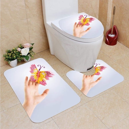 CHAPLLE Butterfly in a Hand 3 Piece Bathroom Rugs Set Bath Rug Contour Mat and Toilet Lid Cover