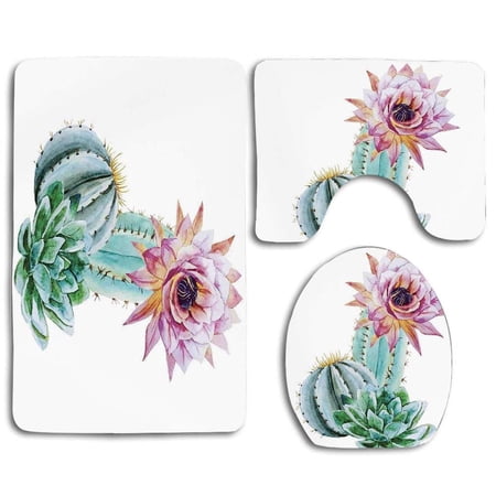 CHAPLLE Cactus Cactus Spikes Flower in Hot Desert Sand Botanic Natural 3 Piece Bathroom Rugs Set Bath Rug Contour Mat and Toilet Lid Cover