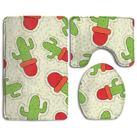 CHAPLLE Cactus Plant Flower Pot 3 Piece Bathroom Rugs Set Bath Rug Contour Mat and Toilet Lid Cover