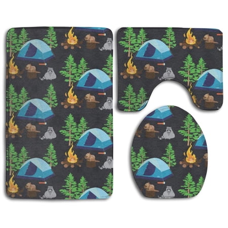 CHAPLLE Camping Woodland Hiking Raccoon Chipmonk 3 Piece Bathroom Rugs Set Bath Rug Contour Mat and Toilet Lid Cover