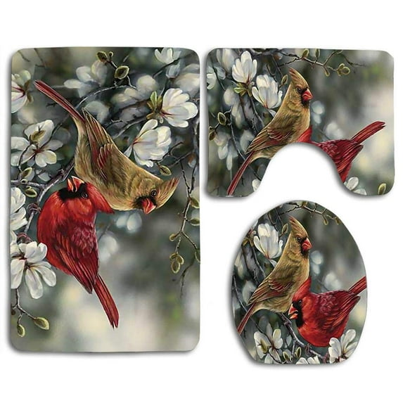 CHAPLLE Cardinal Pair Bird Winter 3 Piece Bathroom Rugs Set Bath Rug Contour Mat and Toilet Lid Cover