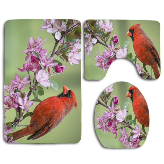 CHAPLLE Cardinal Spring Pink Green Branch 3 Piece Bathroom Rugs Set Bath Rug Contour Mat and Toilet Lid Cover