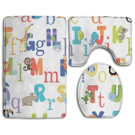 CHAPLLE Cartoon Alphabet 3 Piece Bathroom Rugs Set Bath Rug Contour Mat and Toilet Lid Cover