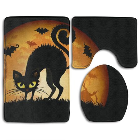 CHAPLLE Cartoon Black Cat 3 Piece Bathroom Rugs Set Bath Rug Contour Mat and Toilet Lid Cover
