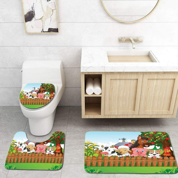 CHAPLLE Cartoon Cute Farm on Fence Comic Mascots Dog Cow Horse Kids 3 Piece Bathroom Rugs Set Bath Rug Contour Mat and Toilet Lid Cover