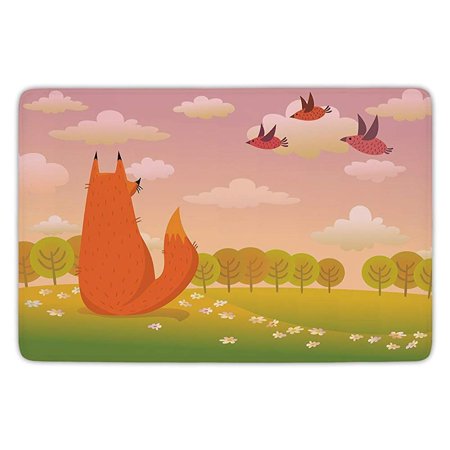 CHAPLLE Cartoon Fox Wildlife in Valley Farm Sunset Birds Flower Daisies Orange Lilac Green 3 Piece Bathroom Rugs Set Bath Rug Contour Mat and Toilet Lid Cover