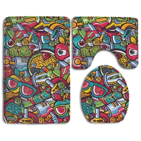 CHAPLLE Cartoon Graffiti 3 Piece Bathroom Rugs Set Bath Rug Contour Mat and Toilet Lid Cover