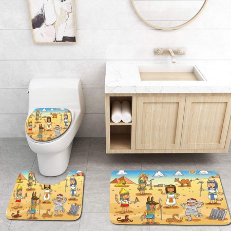 CHAPLLE Cartoon Historical Egyptian Characters Pyramids Cleopatra King Mummy Child Multi 3 Piece Bathroom Rugs Set Bath Rug Contour Mat and Toilet Lid Cover