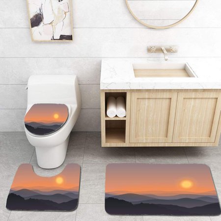 CHAPLLE Cartoon Mountain Landscape in Sunset Outdoor Recreation Concept 3 Piece Bathroom Rugs Set Bath Rug Contour Mat and Toilet Lid Cover