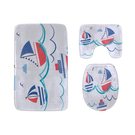 CHAPLLE Cartoon Waves and Ships 3 Piece Bathroom Rugs Set Bath Rug Contour Mat and Toilet Lid Cover