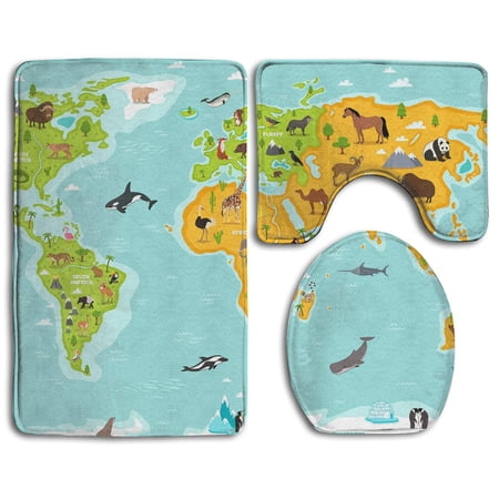 CHAPLLE Cartoon World Map 3 Piece Bathroom Rugs Set Bath Rug Contour Mat and Toilet Lid Cover