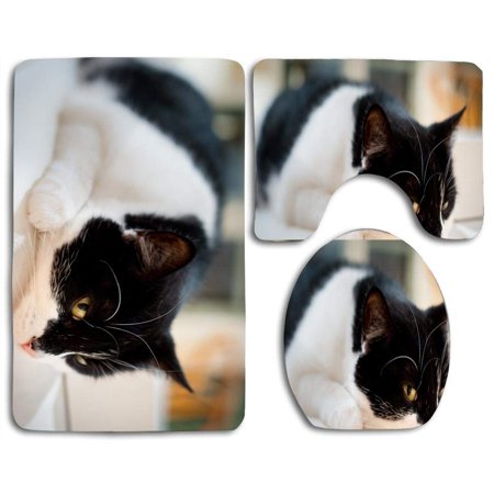 CHAPLLE Cat Resting 3 Piece Bathroom Rugs Set Bath Rug Contour Mat and Toilet Lid Cover