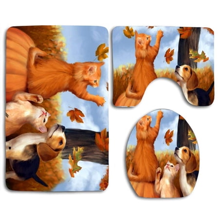 CHAPLLE Cat Touching Fall Maple Leaf 3 Piece Bathroom Rugs Set Bath Rug Contour Mat and Toilet Lid Cover