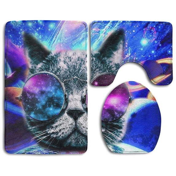 CHAPLLE Cat in Space 3 Piece Bathroom Rugs Set Bath Rug Contour Mat and Toilet Lid Cover