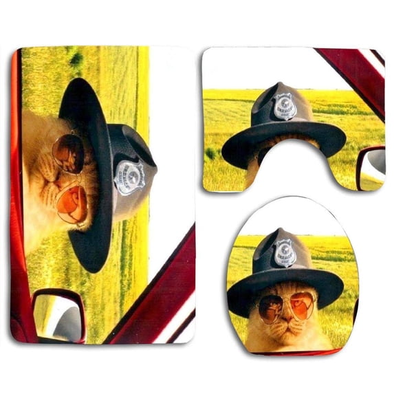 CHAPLLE Cats Funny License Police Cute Glasses Car 3 Piece Bathroom Rugs Set Bath Rug Contour Mat and Toilet Lid Cover