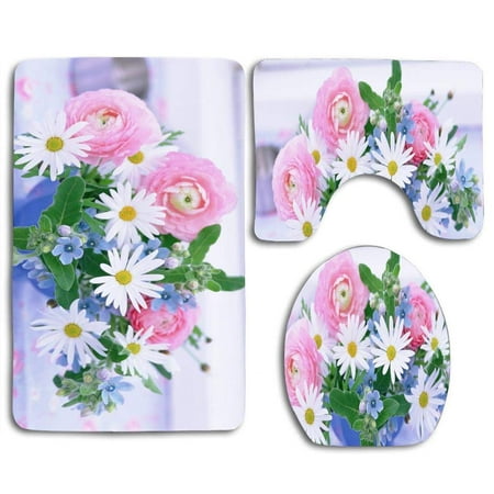 CHAPLLE Chamomile Flowers 3 Piece Bathroom Rugs Set Bath Rug Contour Mat and Toilet Lid Cover