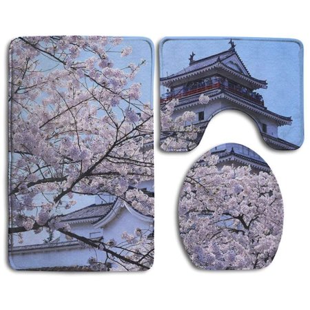 CHAPLLE Cherry Blossom Nagoya 3 Piece Bathroom Rugs Set Bath Rug Contour Mat and Toilet Lid Cover