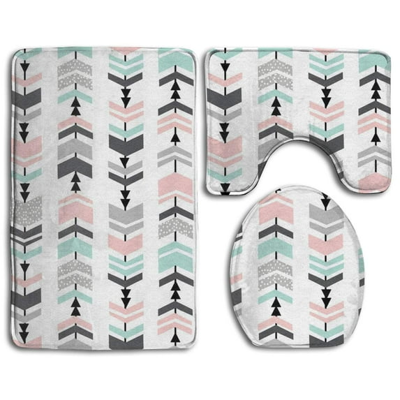 CHAPLLE Chevron Pink Mint Grey Charcoal 3 Piece Bathroom Rugs Set Bath Rug Contour Mat and Toilet Lid Cover
