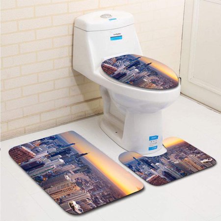 CHAPLLE Chicago 3 Piece Bathroom Rugs Set Bath Rug Contour Mat and Toilet Lid Cover