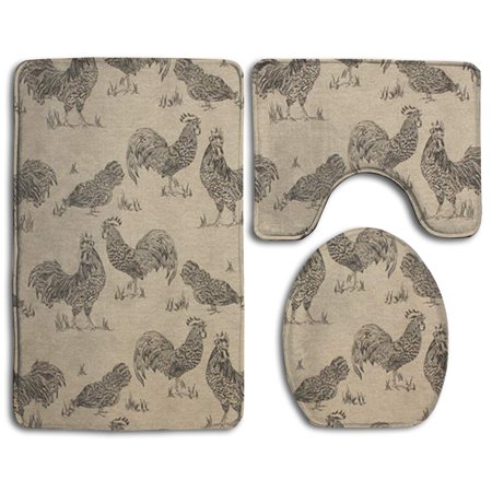 CHAPLLE Chickens and Roosters 3 Piece Bathroom Rugs Set Bath Rug Contour Mat and Toilet Lid Cover