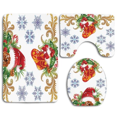 CHAPLLE Christmas Classic Stocking and Santa Hat Mistletoe Snowflakes 3 Piece Bathroom Rugs Set Bath Rug Contour Mat and Toilet Lid Cover