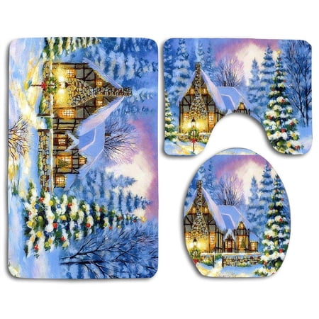 CHAPLLE Christmas Tree Snow Winter Cottage 3 Piece Bathroom Rugs Set Bath Rug Contour Mat and Toilet Lid Cover