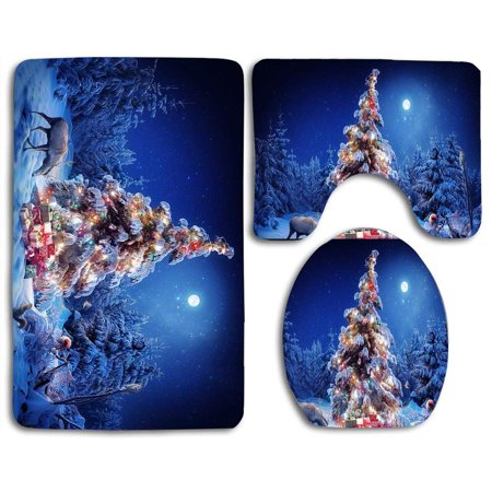 CHAPLLE Christmas Tree Snow Winter Night 3 Piece Bathroom Rugs Set Bath Rug Contour Mat and Toilet Lid Cover