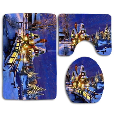 CHAPLLE Christmas Xmas Winter Lighting 3 Piece Bathroom Rugs Set Bath Rug Contour Mat and Toilet Lid Cover