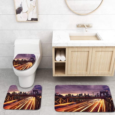 CHAPLLE City Brooklyn Bridge at Night Car Traffic in New York United States Transport Lilac Dark 3 Piece Bathroom Rugs Set Bath Rug Contour Mat and Toilet Lid Cover
