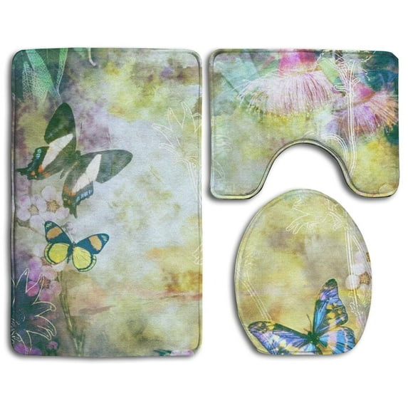 CHAPLLE Colorful Butterfly Flying 3 Piece Bathroom Rugs Set Bath Rug Contour Mat and Toilet Lid Cover