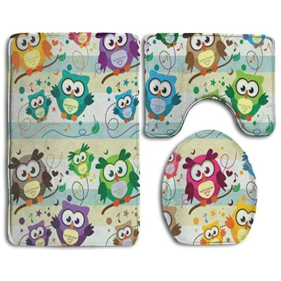 CHAPLLE Colorful Cartoon Bough Owl 3 Piece Bathroom Rugs Set Bath Rug Contour Mat and Toilet Lid Cover