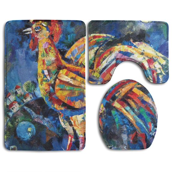 CHAPLLE Colorful Chicken Art Style 3 Piece Bathroom Rugs Set Bath Rug Contour Mat and Toilet Lid Cover
