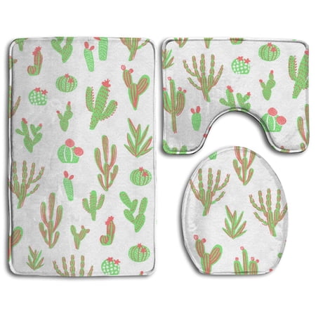 CHAPLLE Colorful Desert Cactus 3 Piece Bathroom Rugs Set Bath Rug Contour Mat and Toilet Lid Cover