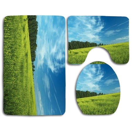 CHAPLLE Colorful Field 3 Piece Bathroom Rugs Set Bath Rug Contour Mat and Toilet Lid Cover
