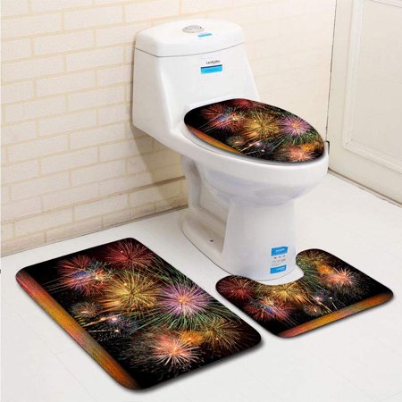 CHAPLLE Colorful Firework Celebration on Dark Night Sky 3 Piece Bathroom Rugs Set Bath Rug Contour Mat and Toilet Lid Cover