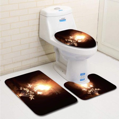 CHAPLLE Colorful Fireworks 3 Piece Bathroom Rugs Set Bath Rug Contour Mat and Toilet Lid Cover