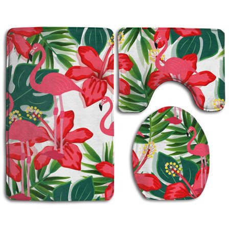 CHAPLLE Colorful Flamingo Extras 3 Piece Bathroom Rugs Set Bath Rug Contour Mat and Toilet Lid Cover
