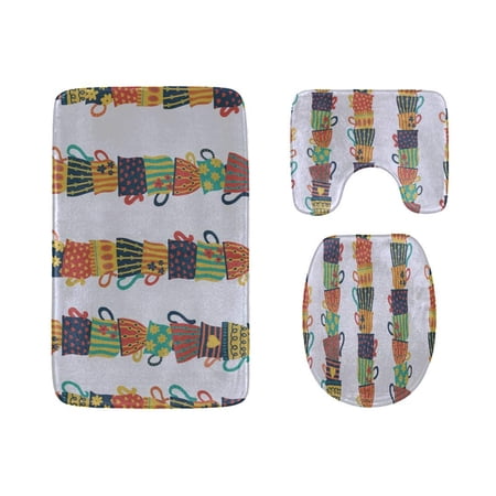 CHAPLLE Colorful Kitchen Cups 3 Piece Bathroom Rugs Set Bath Rug Contour Mat and Toilet Lid Cover