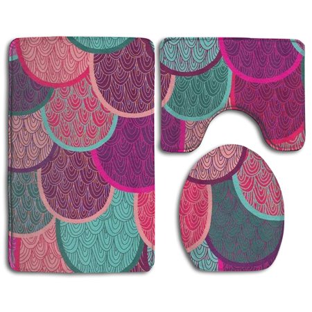 CHAPLLE Colorful Mermaid Fish Scales 3 Piece Bathroom Rugs Set Bath Rug Contour Mat and Toilet Lid Cover